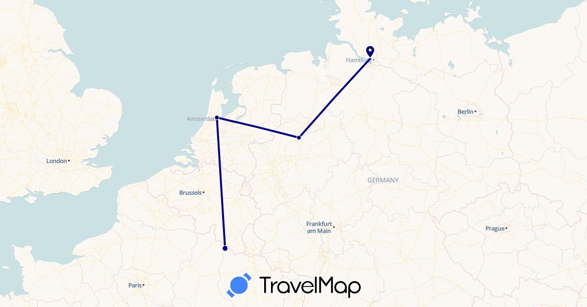 TravelMap itinerary: driving in Germany, France, Netherlands (Europe)